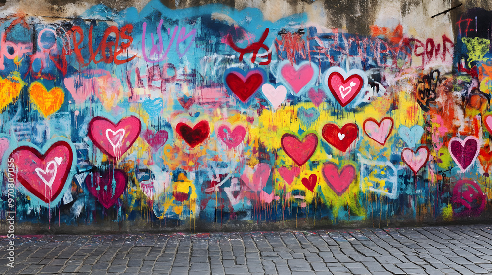 Fototapeta premium A vibrant graffiti wall showcases colorful hearts and a love quote radiating positivity and creativity with an artistic flair