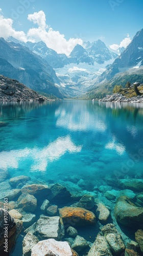 Serene Alpine Beauty - Crystal Clear Turquoise Lake with Snow-Capped Peaks Reflections. Peaceful Water Copy Space.