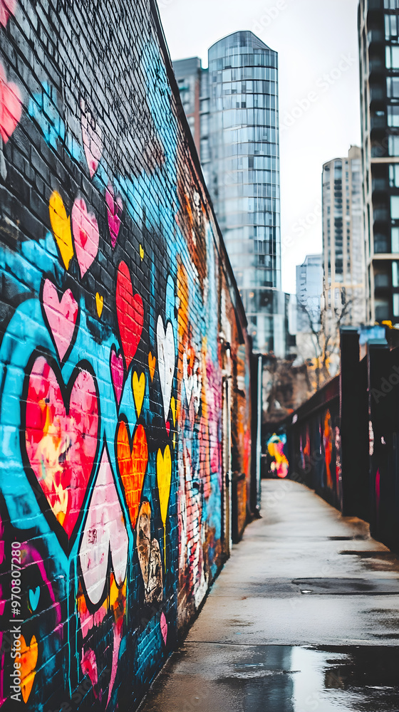 Fototapeta premium An artistic mural in a city features vibrant graffiti with colorful hearts, adding a lively atmosphere to the urban setting
