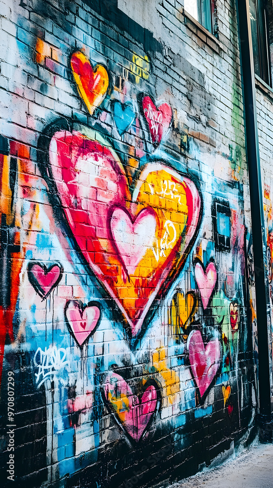 An artistic mural in a city featuring vibrant graffiti with large colorful hearts expressing love and creativity An artistic mural in a city featuring vibrant graffiti with large colorful hearts expressing love and creativity