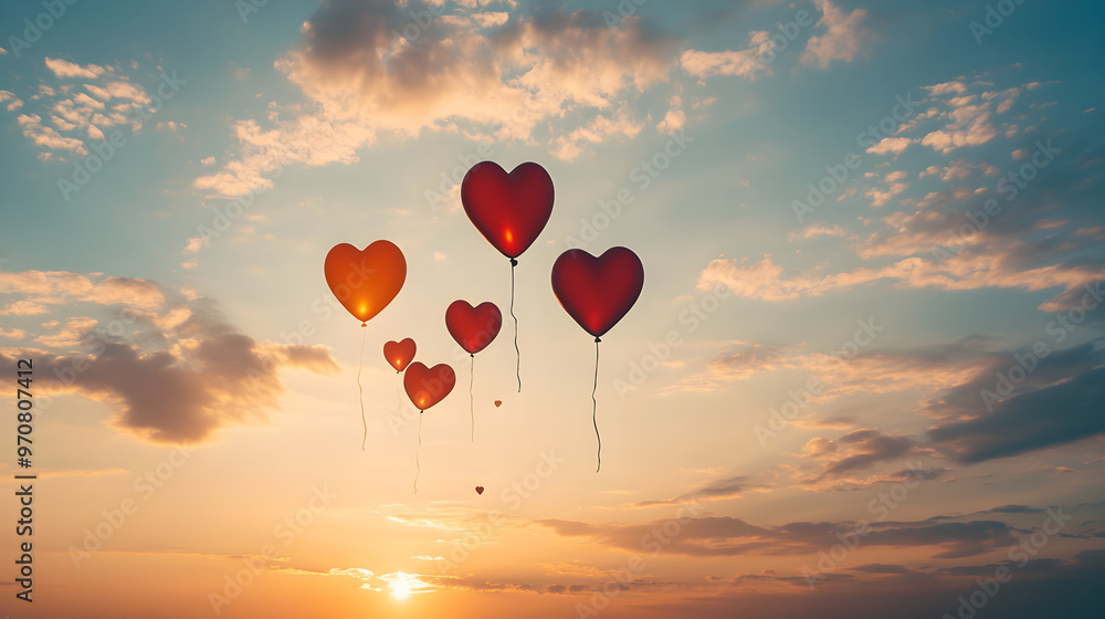 Fototapeta premium Heart-shaped balloons float gracefully in the sky during a beautiful sunset, creating a romantic and whimsical atmosphere