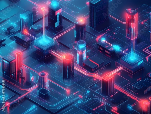 Futuristic digital cityscape with glowing neon lights,abstract architectural structures,and a wireframe,holographic interface. This image represents the cutting-edge advancements in technology.