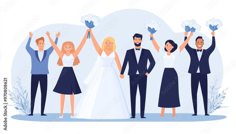 Couple of white brides and grooms in fashionable clothing getting married, cartoon illustration. Contemporary marriage ceremony cartoon illustration of white bride and groom. Couple of white brides and grooms in fashionable clothing getting married, cartoon illustration. Contemporary marriage ceremony cartoon illustration of white bride and groom.