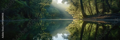 Mirror Reflection of a Dense Forest in a Pristine Still River photo