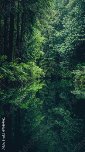 Mirror Reflection of a Dense Forest in a Pristine Still River