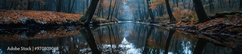 Mirror Reflection of a Dense Forest in a Pristine Still River photo