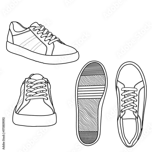 Technical sketch drawing of sneakers running shoes, front, side, top, and button view. Flat sketch vector. Isolated on a white background, suitable for your sneakers, editable color