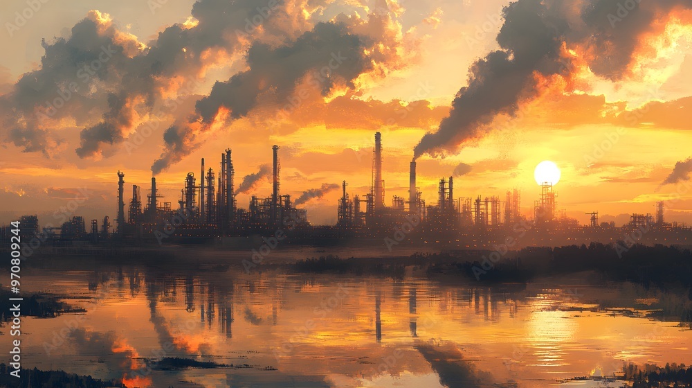 A sunset over a city with a large number of industrial plants. The sky is orange and the sun is setting A sunset over a city with a large number of industrial plants. The sky is orange and the sun is setting
