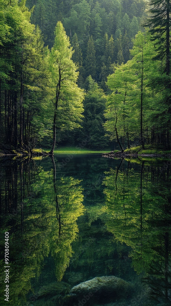 Mirror Reflection of a Dense Forest in a Pristine Still River Mirror Reflection of a Dense Forest in a Pristine Still River