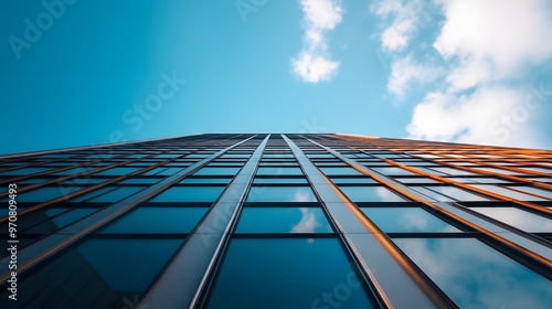 Low Angle View of a Modern Glass Building with Orange Accents