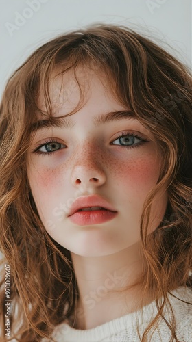 Closeup Portrait of Young Woman with Freckles and Red Lips