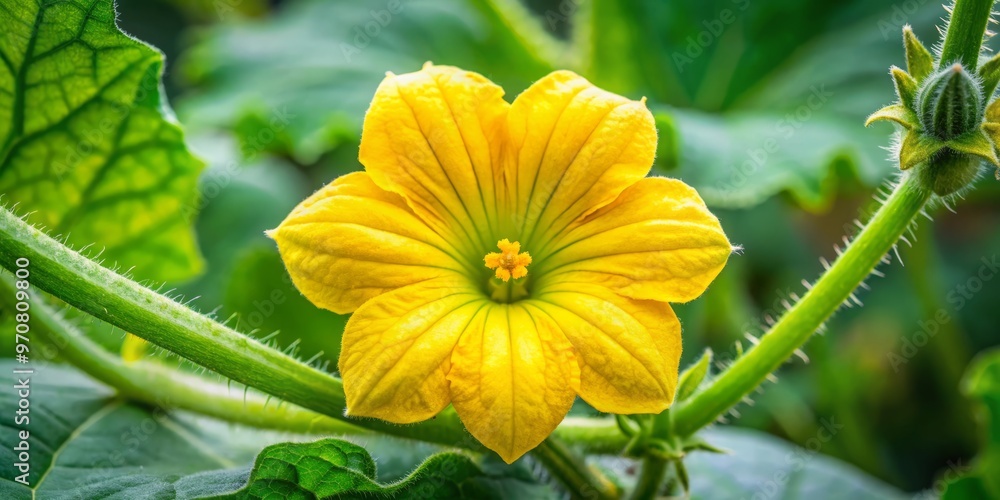 Amidst a lush green backdrop, a bright yellow male watermelon flower bursts forth with numerous stamens, radiating Amidst a lush green backdrop, a bright yellow male watermelon flower bursts forth with numerous stamens, radiating