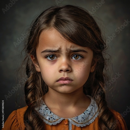 Sad girl portrait, serious expression, emotional child, long brown hair, blue dress, dark background, concerned look, dramatic lighting, deep emotions, natural innocence, childhood sadness