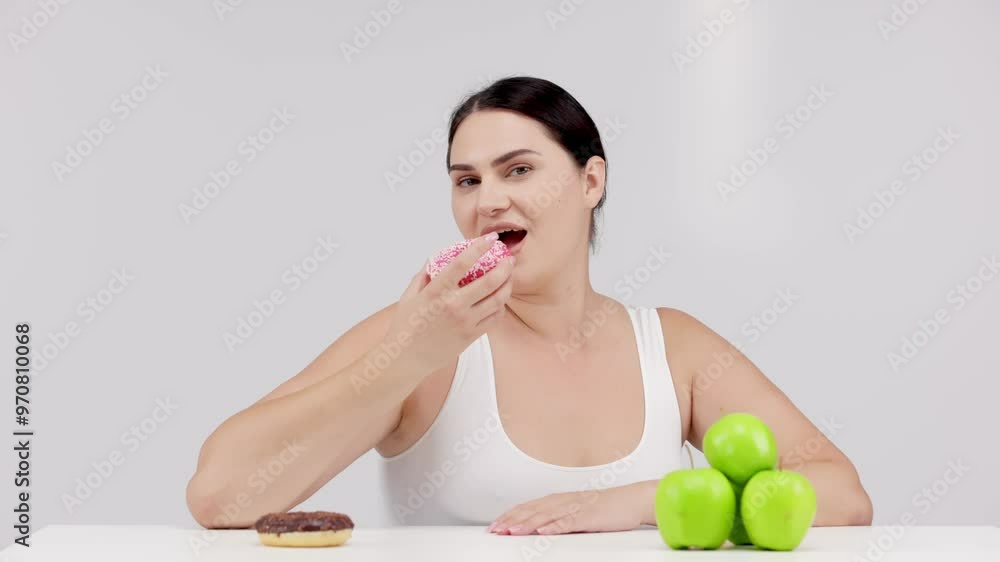 Young, full-figured woman faced with the choice between healthy food and unhealthy options. Perfect for promoting detox, dieting, and weight loss, highlighting the decision for a healthier lifestyle Young, full-figured woman faced with the choice between healthy food and unhealthy options. Perfect for promoting detox, dieting, and weight loss, highlighting the decision for a healthier lifestyle