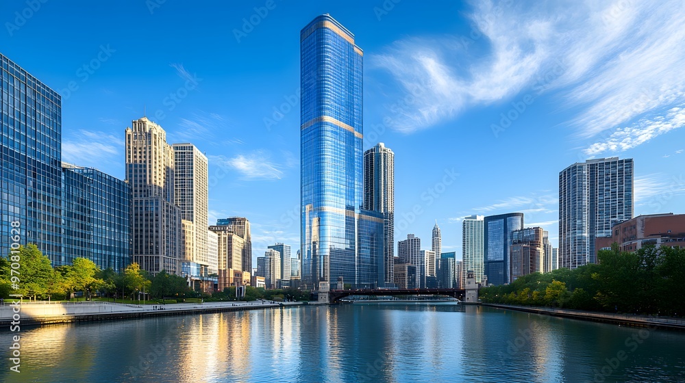 Modern Skyscrapers Reflecting on Chicago River Modern Skyscrapers Reflecting on Chicago River