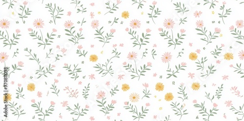 Animated flower seamless pattern illustration. The background is a children's style floral doodle. Funny wallpaper with basic nature shapes.
