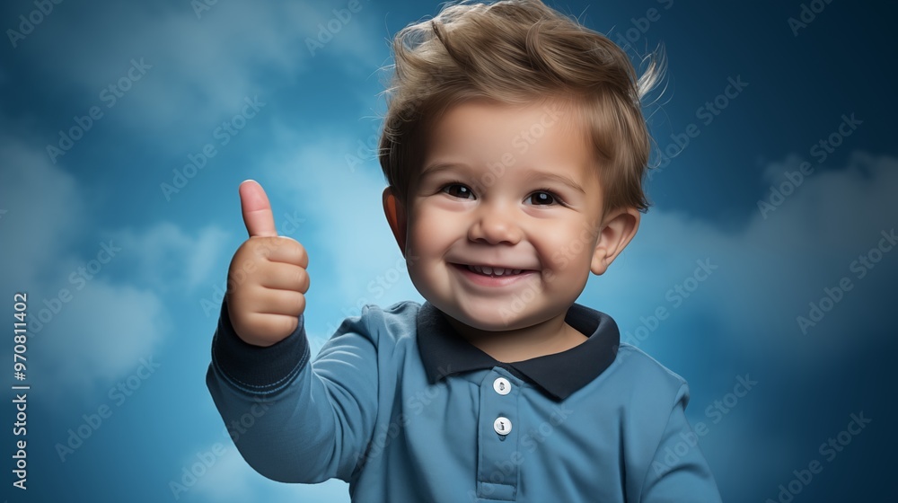 a toddler giving a thumbs up on blue background. a toddler giving a thumbs up on blue background.