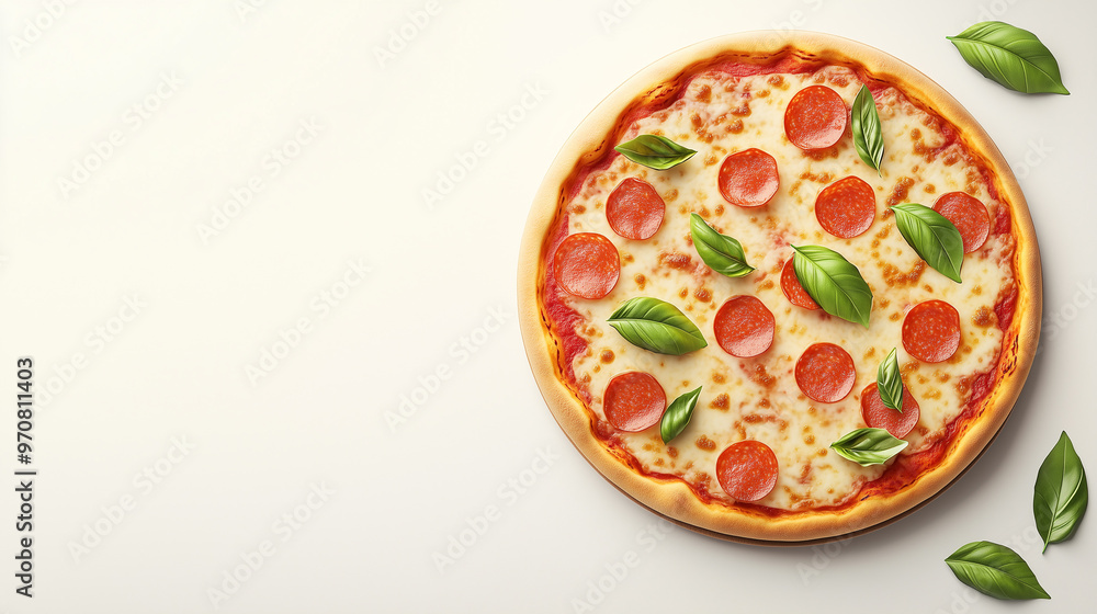 A delicious pepperoni pizza topped with fresh basil leaves, showcasing a classic combination of crispy crust, melted cheese, savory pepperoni, and vibrant green basil for a flavorful meal. A delicious pepperoni pizza topped with fresh basil leaves, showcasing a classic combination of crispy crust, melted cheese, savory pepperoni, and vibrant green basil for a flavorful meal.