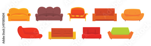 Comfortable Sofa and Couch as Apartment Furniture Vector Set