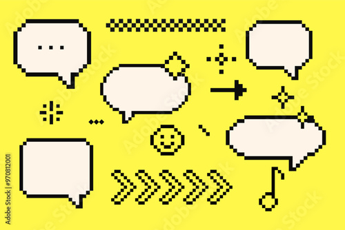 Set of pixel art cloud bubble quote box speech bubble dialog retro 8 bit arcade game interface, manga. Comic chat rectange pixel elements, arrow, star, heart.