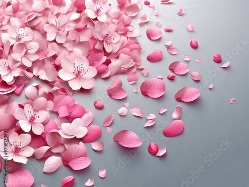 A beautiful arrangement of pink cherry blossom petals are scattered across a smooth gray surface, showcasing their delicate forms and soft hues in an artistic display