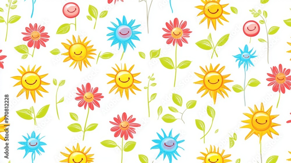 This seamless pattern wallpaper is a colorful drawing of smiling suns and flowers on a white background. Use it for crafts, scrapbooking, gift wrap, cards, and art projects. This seamless pattern wallpaper is a colorful drawing of smiling suns and flowers on a white background. Use it for crafts, scrapbooking, gift wrap, cards, and art projects.