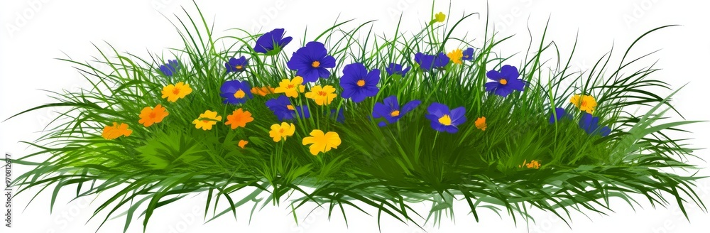 Fototapeta premium Drawings in the childish doodle style of a field, meadow, garden, colorful flowers, grass.