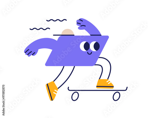Happy geometric shape riding skateboard. Cute funny comic figure on skate boa...