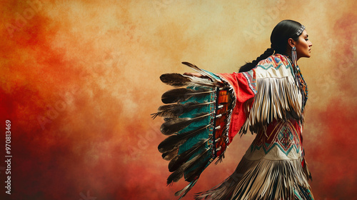 Native American woman wearing a traditional jingle dress with colorful feathers, standing gracefully against a warm gradient background, symbolizing cultural heritage and artistic expression.