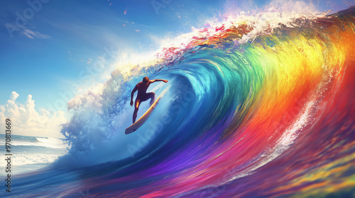 Excited surfer captured mid-ride in a giant wave, expressing pure joy and thrill, surrounded by vibrant ocean colors and the dynamic energy of the surf. photo