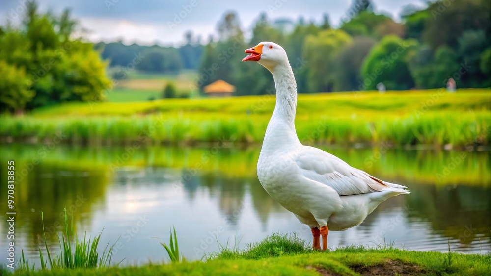 A picturesque scene unfolds with a proud white Chinese goose standing still, its beak open, amidst a vibrant A picturesque scene unfolds with a proud white Chinese goose standing still, its beak open, amidst a vibrant