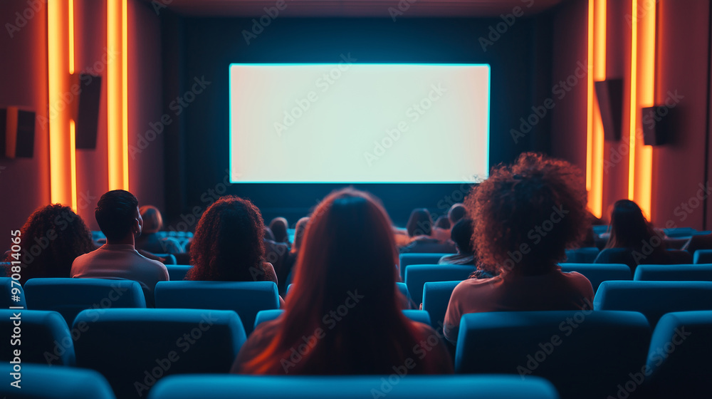 Audience seated in a movie theater watching a film on a large screen, with red lighting creating an immersive and cinematic atmosphere. Audience seated in a movie theater watching a film on a large screen, with red lighting creating an immersive and cinematic atmosphere.