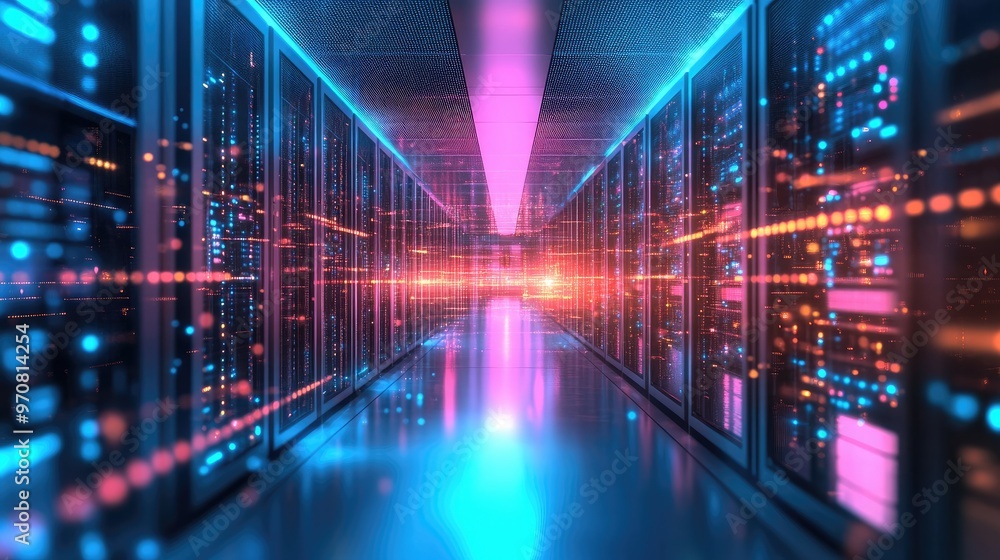 A futuristic server room with glowing blue and pink lights, showcasing rows of servers and data processing equipment, highlighting the concept of data storage, processing, and connectivity. A futuristic server room with glowing blue and pink lights, showcasing rows of servers and data processing equipment, highlighting the concept of data storage, processing, and connectivity.