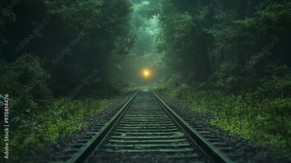 Mysterious Train Tracks Through Misty Forest Mysterious Train Tracks Through Misty Forest