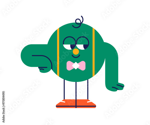 Geometric character, cute circle, round shape. Funny comic quirky whimsical figure, chubby and playful element, looking aside with smile. Kids flat vector illustration isolated on white background