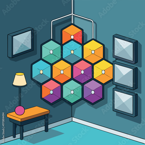 Adobe Illustrator Artwork modular smart lighting system with geometric, interconnected panels.