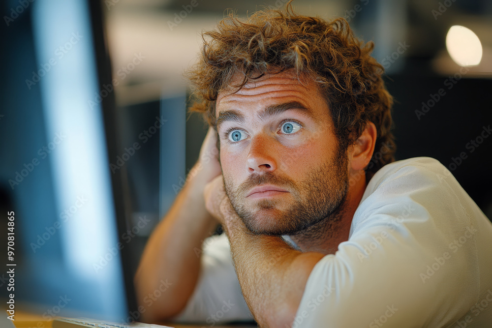 A handsome man in his thirties sits at the computer, holding his head with hands and looking confused or worried as he gazes into the digital screen, isolated with blurry office background.
A handsome man in his thirties sits at the computer, holding his head with hands and looking confused or worried as he gazes into the digital screen, isolated with blurry office background.