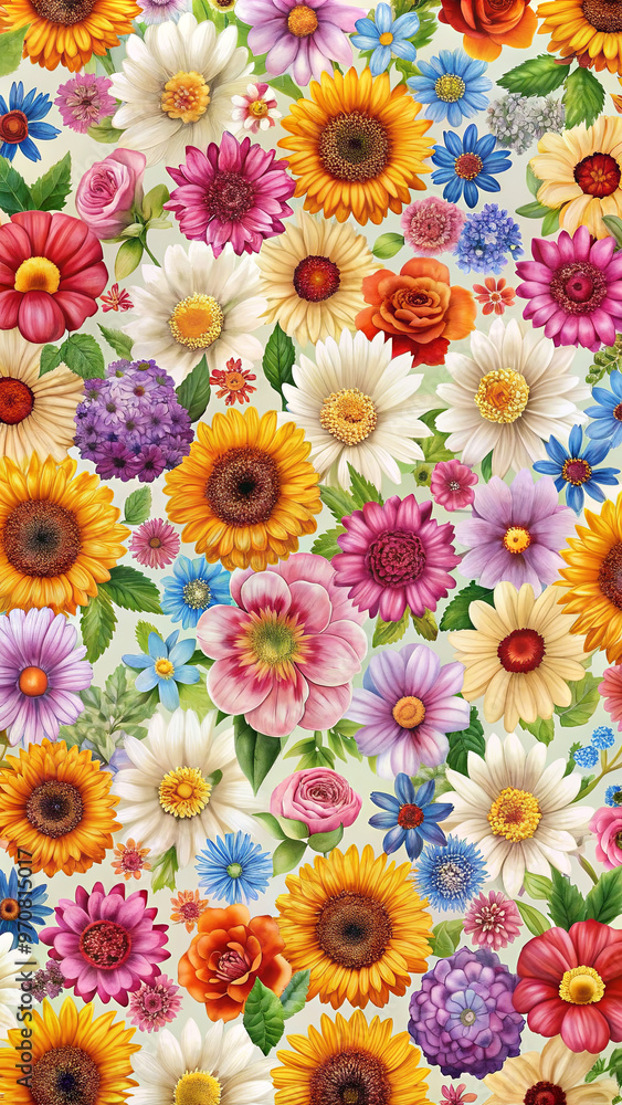 A lively arrangement of various flowers displays bright petals of sunflowers, roses, daises, and more, set against a light blue backdrop, celebrating the beauty of nature in full bloom A lively arrangement of various flowers displays bright petals of sunflowers, roses, daises, and more, set against a light blue backdrop, celebrating the beauty of nature in full bloom