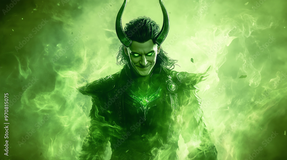Fototapeta premium Loki, the Trickster God, with a mischievous grin and glowing green eyes, surrounded by swirling green energy, exuding power, chaos, and mischief in a magical setting.