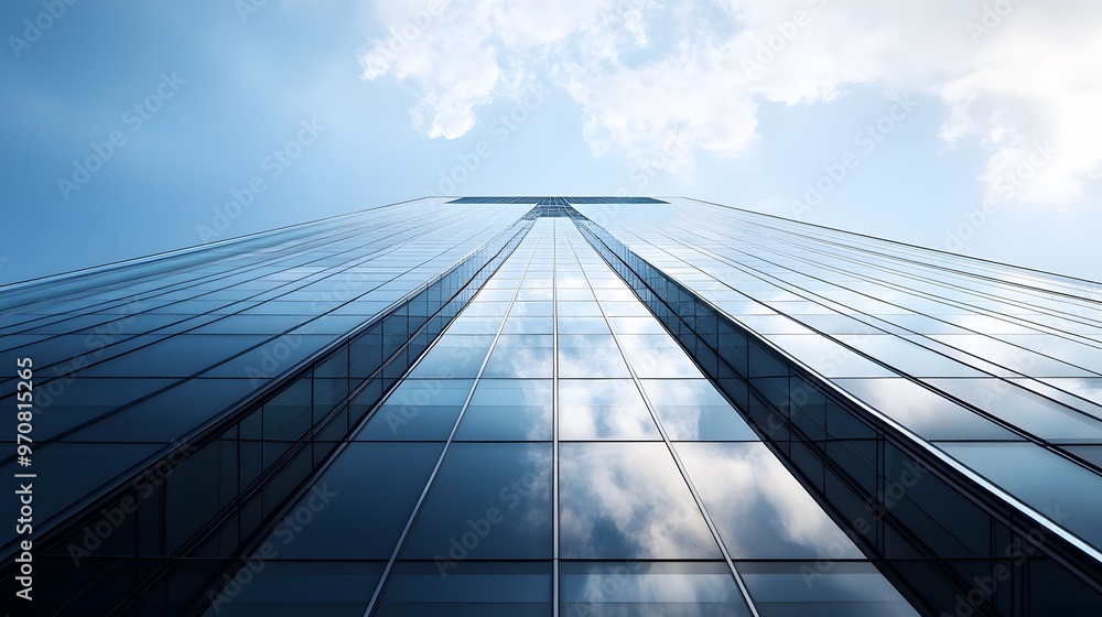 A Low-Angle View of a Tall Glass Skyscraper Reflecting Clouds A Low-Angle View of a Tall Glass Skyscraper Reflecting Clouds