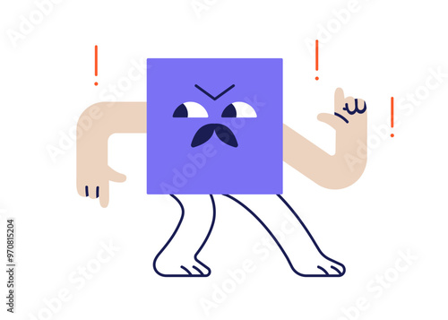 Square character with angry expression. Funny geometric shape, figure, whimsical kids style. Comic element with mustache and exclamation marks. Flat vector illustration isolated on white background