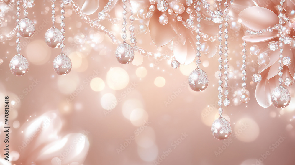 Rose gold glitter background with 3D hanging pearls and delicate crystal chains, creating a luxurious and elegant atmosphere perfect for weddings, celebrations, or fashion themes. Rose gold glitter background with 3D hanging pearls and delicate crystal chains, creating a luxurious and elegant atmosphere perfect for weddings, celebrations, or fashion themes.