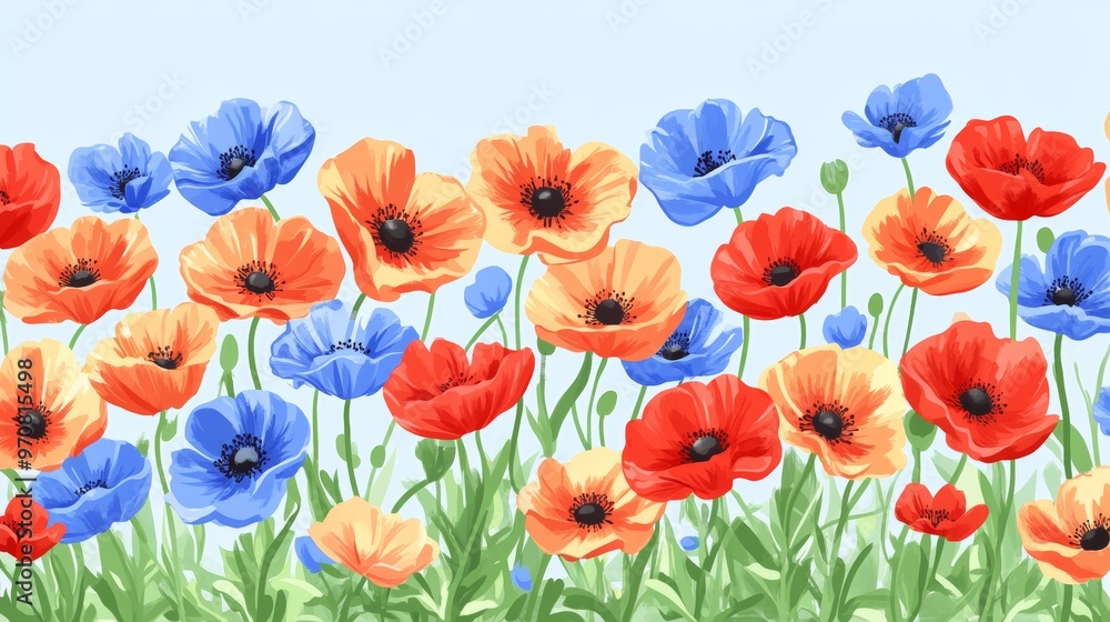 Fototapeta premium Decorative border of blossomed flowers with a floral nature background. An artistic illustration of spring blooming plants ornament, in a field or meadow with flowers and buds.