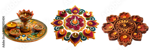 Traditional Diwali rangoli artwork with clay lamps and intricate floral patterns in vibrant colors on an isolated white background, png photo