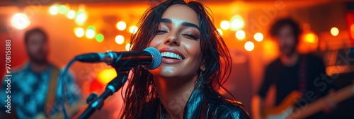 Female Singer Performing On Stage With Microphone