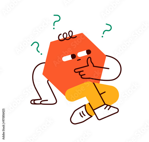 Geometric character, funny hexagon shape with puzzled expression. Bewildered geometry figure, wondering, questioning, thinking. Curious element. Flat vector illustration isolated on white background