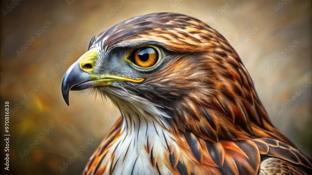 Obraz premium A regal hawk with eyes like stars, its delicate feathers meticulously rendered, takes to the wire, its talons