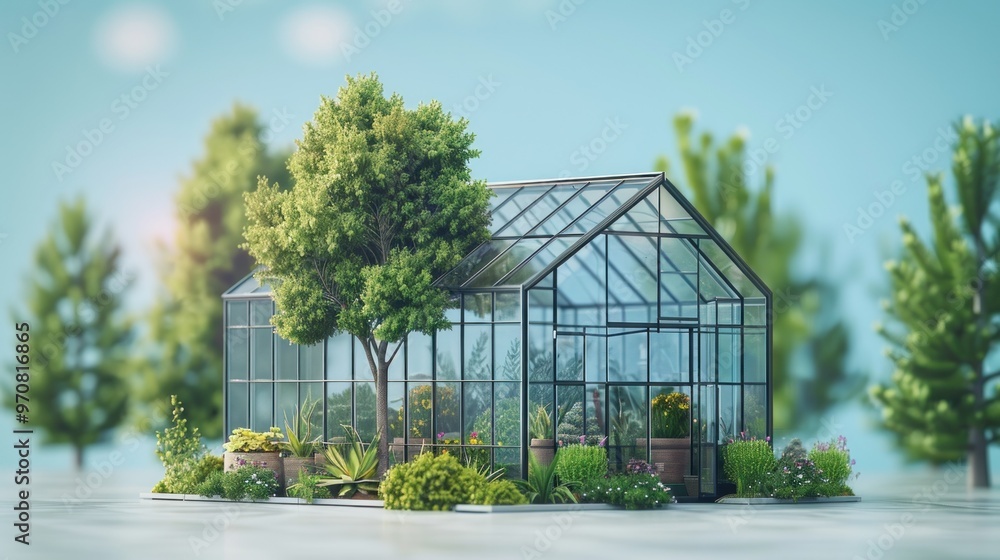 Greenhouse in the garden cube shape. Compact long greenhouse for growing flowers, vegetables, seedlings of various plants. Gardening. Beautiful glass building house in the yard. generative AI Content. Greenhouse in the garden cube shape. Compact long greenhouse for growing flowers, vegetables, seedlings of various plants. Gardening. Beautiful glass building house in the yard. generative AI Content.