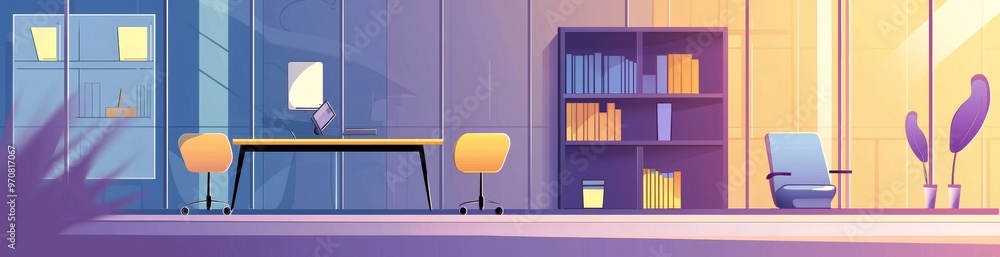 Fototapeta premium Interior of modern office with boss room behind glass wall. Cartoon workplace desk with computer and conference table with chairs.