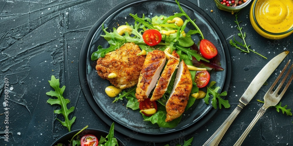 Flat lay of succulent fried chicken breasts served with mixed green salad tomatoes and yellow mustard on a grey concrete table accompanied by cutlery Flat lay of succulent fried chicken breasts served with mixed green salad tomatoes and yellow mustard on a grey concrete table accompanied by cutlery